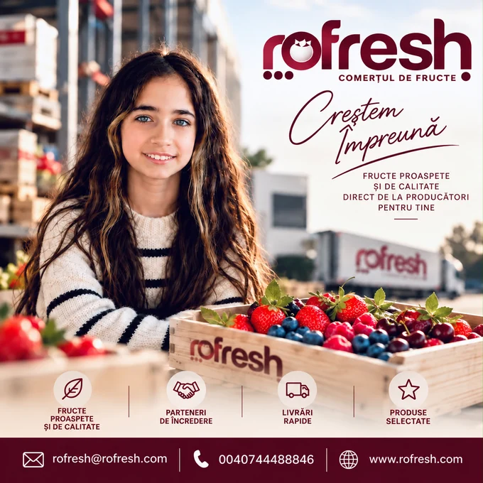Reclamă Rofresh cu Eden și o ladă de fructe proaspete. Creștem împreună, direct de la producători.