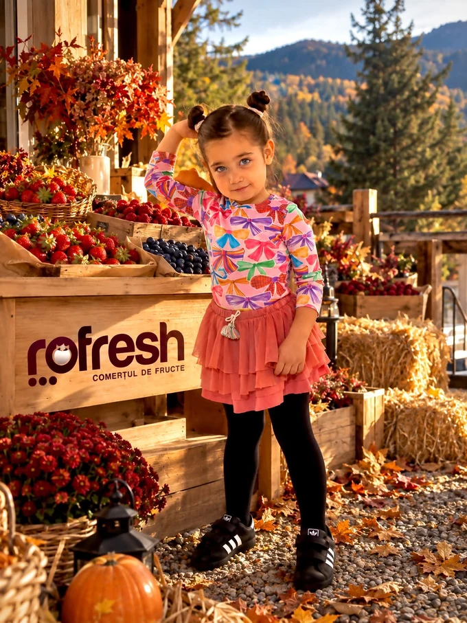 Reclamă Rofresh cu Evora la un stand de fructe, într-un peisaj de toamnă.